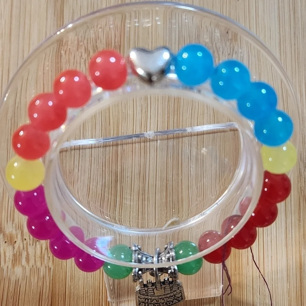 Hand Crafted Bracelet Beaded Stretch Charm Happy Birthday Yellow Multi
